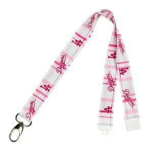LOS ANGELES DODGERS Pink Plaid Lanyard Keychain Reversible 2 Sided Logo MLB New